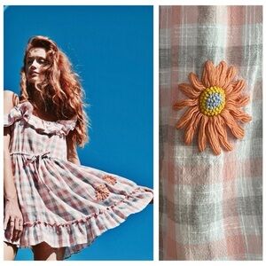 Innika Choo Pastel Pink Gray Plaid Floral Embroidered Mini Sun Dress One Size